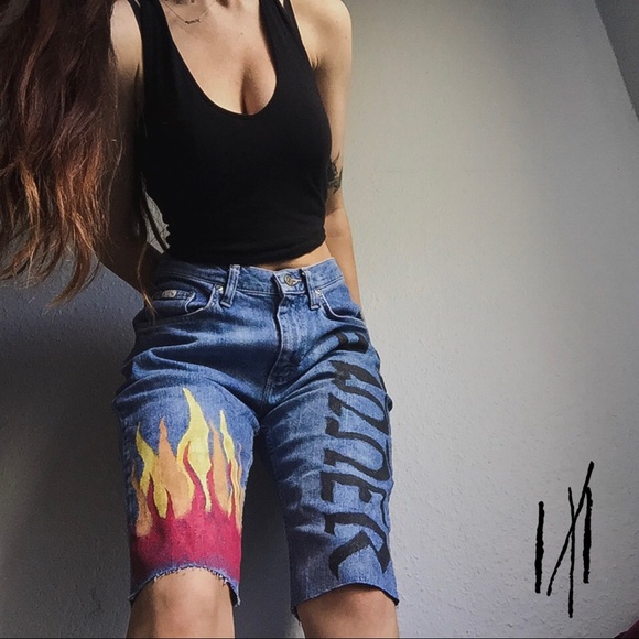 Fire / Sinner / Hand Painted / Denim Shorts - Picture 2 of 8